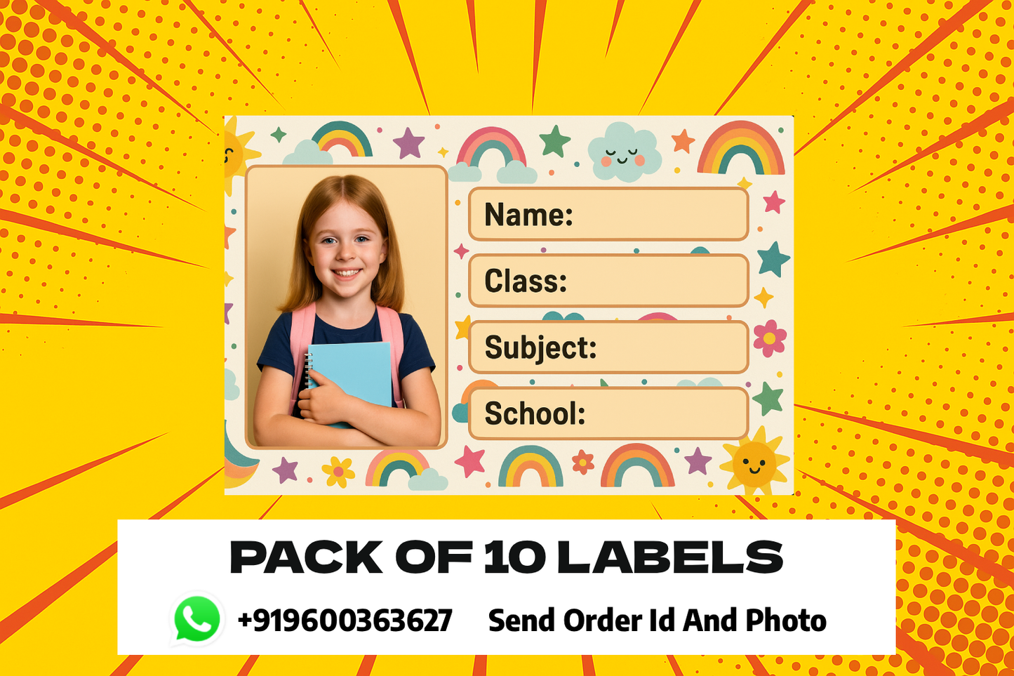 Smeeps Custom Photo Student Name Labels – 3.5 x 2 Inch School Book Stickers | Personalized Kid Labels | Pack of 10