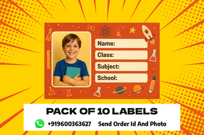 Smeeps Personalized School Book Label – Custom Photo Name Sticker for Kids | 3.5 x 2 Inch Orange Theme Labels | Pack of 10
