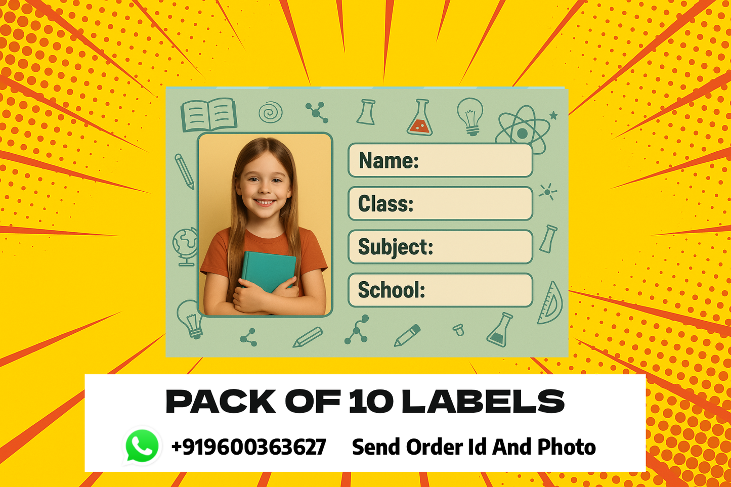 Smeeps Personalized Student Photo Label Sticker – Pack of 10 | 3.5 x 2 Inch School Notebook Name Labels | Custom Photo, Name, Class & Subject