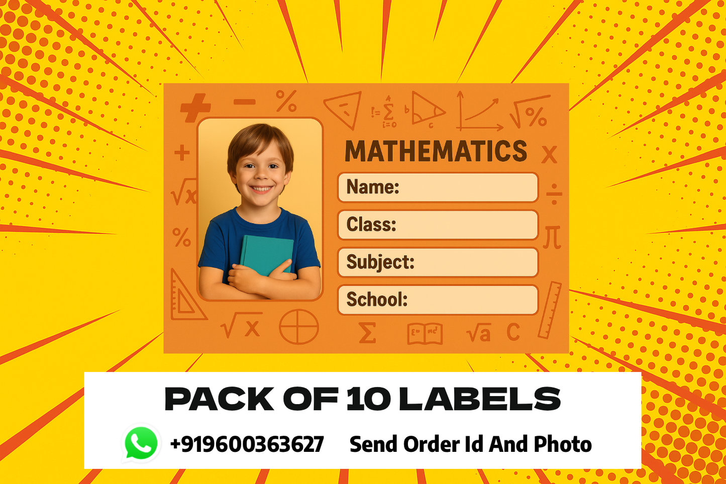 Smeeps Personalized Mathematics School Book Label – Custom Photo Name Sticker for Kids | 3.5 x 2 Inch Notebook Labels | Pack of 10