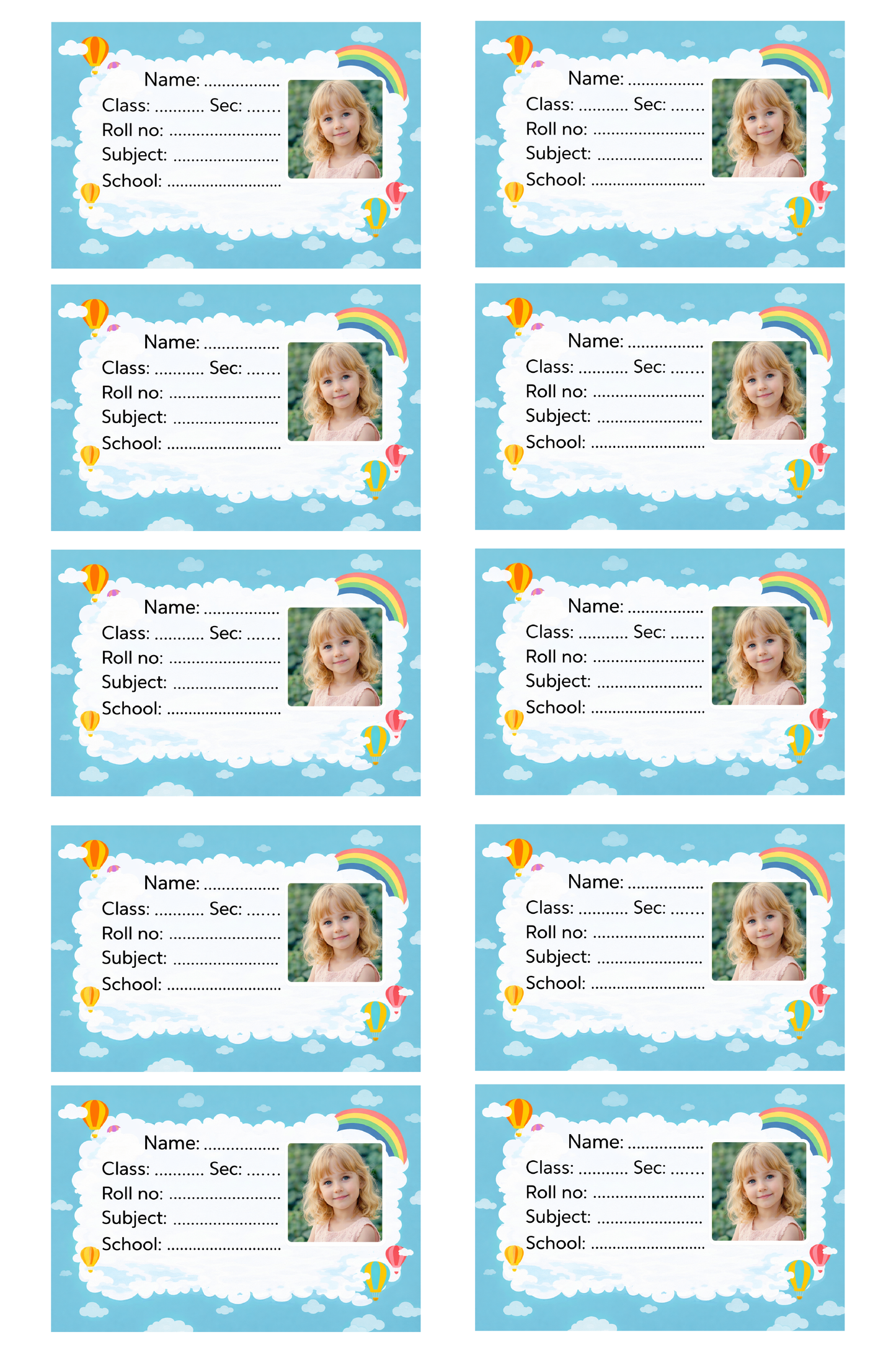 Smeeps Personalized Sky Theme School Label Stickers – Pack of 10 | 3 x 2 Inch Custom Name Labels with Photo | Cloud, Rainbow & Hot Air Balloon Design | Waterproof Premium Finish