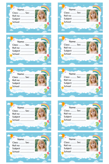 Smeeps Personalized Sky Theme School Label Stickers – Pack of 10 | 3 x 2 Inch Custom Name Labels with Photo | Cloud, Rainbow & Hot Air Balloon Design | Waterproof Premium Finish