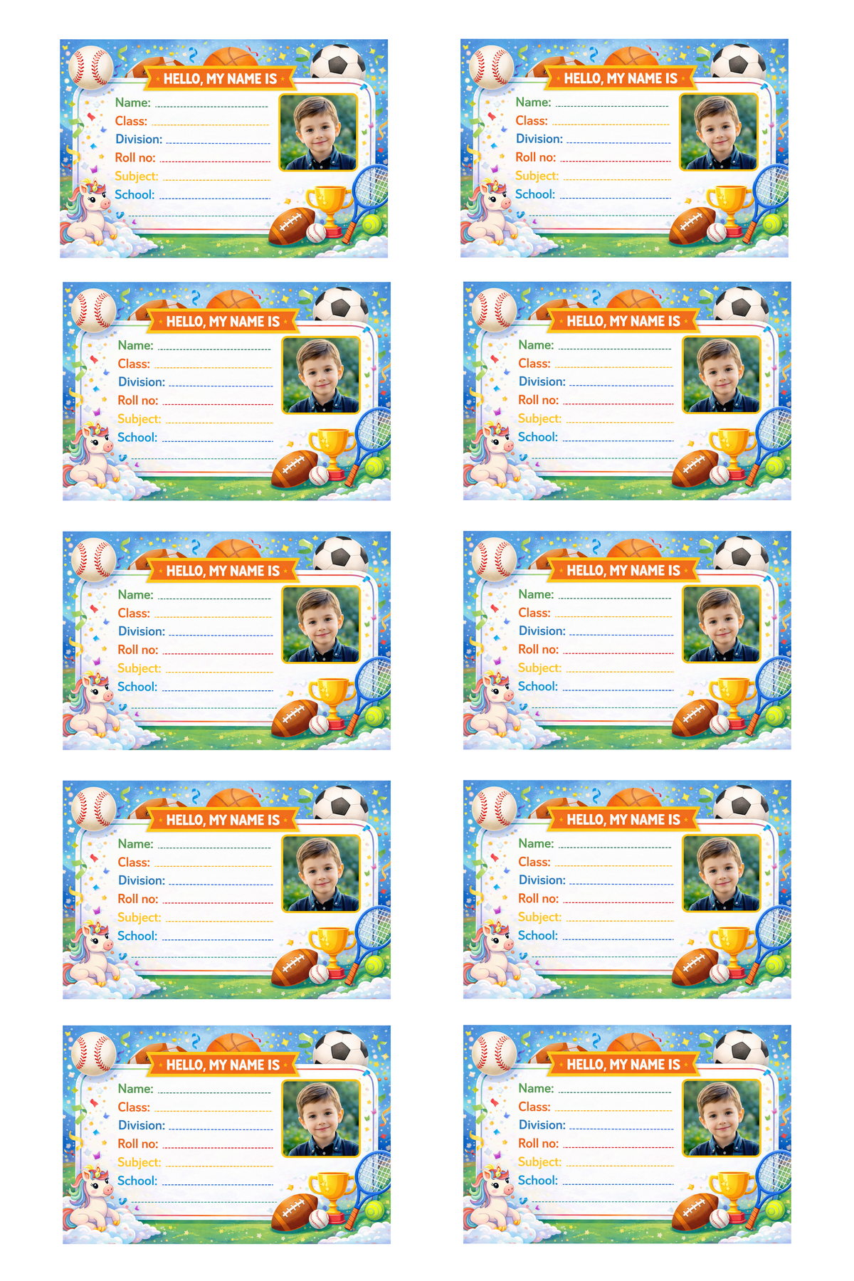 Smeeps Personalized Sports Theme School Label Stickers – Pack of 10 | 3 x 2 Inch Custom Name Labels with Photo | Football, Cricket, Basketball Design | Waterproof Premium Finish
