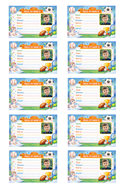Smeeps Personalized Sports Theme School Label Stickers – Pack of 10 | 3 x 2 Inch Custom Name Labels with Photo | Football, Cricket, Basketball Design | Waterproof Premium Finish