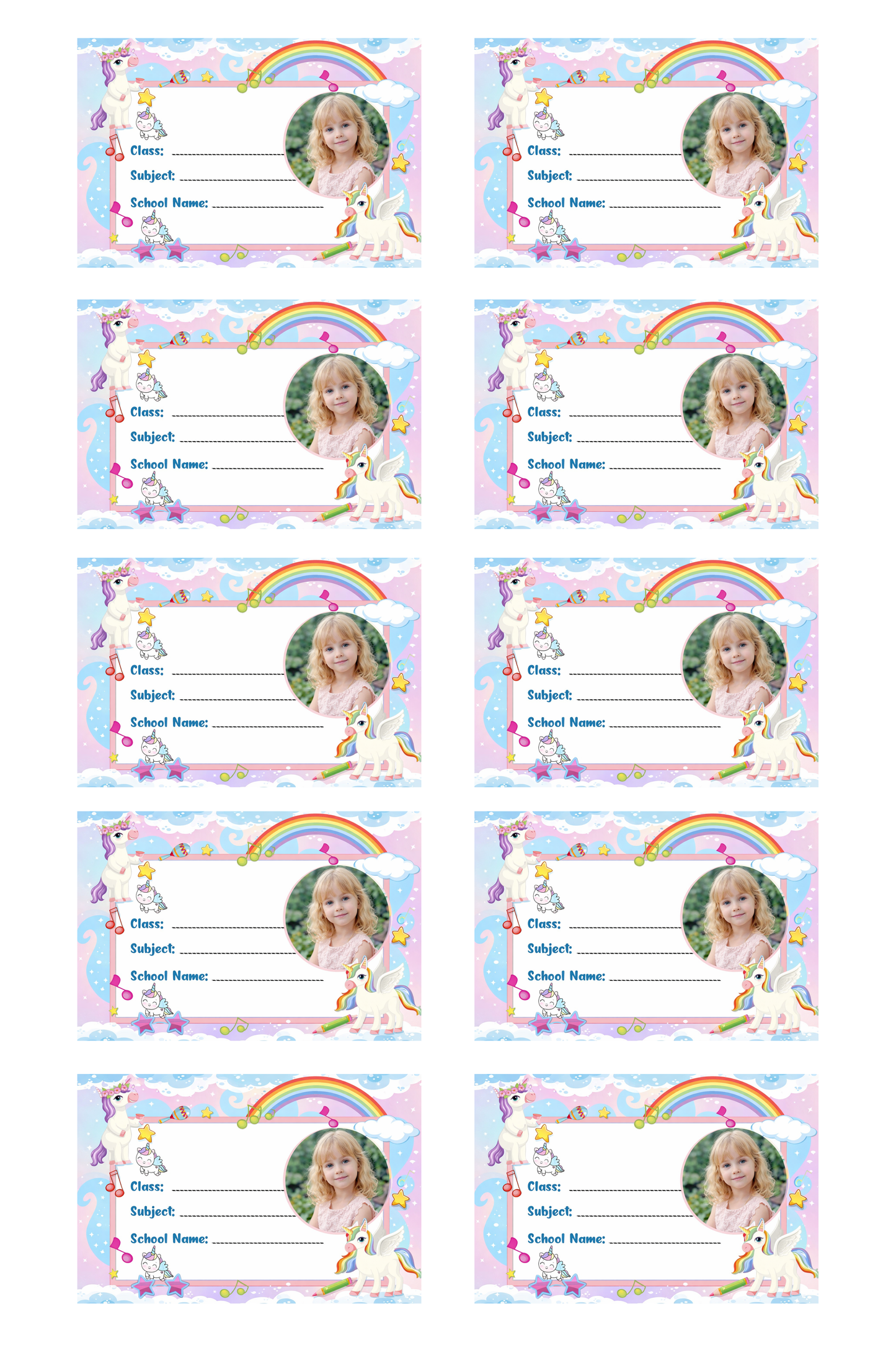 Smeeps Personalized Unicorn School Label Stickers – Pack of 10 | 3 x 2 Inch Custom Name Labels with Photo | Rainbow & Musical Unicorn Theme | Waterproof Premium Finish