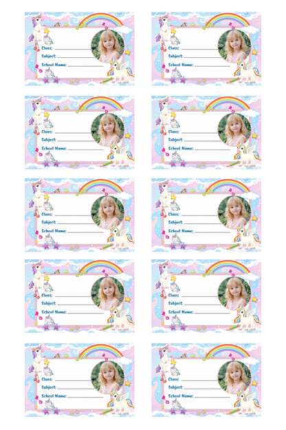 Smeeps Personalized Unicorn School Label Stickers – Pack of 10 | 3 x 2 Inch Custom Name Labels with Photo | Rainbow & Musical Unicorn Theme | Waterproof Premium Finish