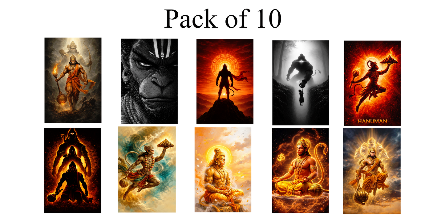 Smeeps Lord Hanuman Wall Poster Pack of 10 – A4 Size (8.27 × 11.69 Inches) | 300 GSM Thick Art Paper | Non-Gumming (No Adhesive) | High-Quality Spiritual & Mythology Prints