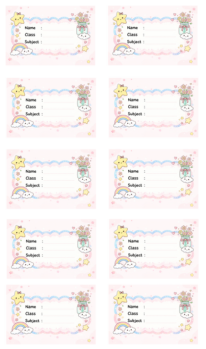Smeeps Cute Pastel Rainbow School Name Labels Sticker – 7.62 × 5.08 cm (3 × 2 Inch) Personalized Writable Notebook Labels for Kids | Kawaii Cloud & Star Theme Sticker Pack of 10