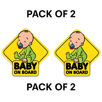 Pack of 2 | Smeeps Baby on Board Car Sticker, 14.7 x 14.7 cm Diamond Shape – Smiling Baby in Green Pajamas, Waterproof Safety Sign for Vehicles