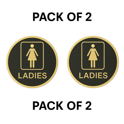 Pack of 2 | Smeeps “LADIES” Restroom Sign – Round 15.24 cm | Elegant Black & Gold Finish | Self-Adhesive | Waterproof & Durable | Ideal for Offices, Hotels, Cafés, and Commercial Use