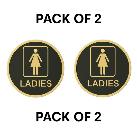 Pack of 2 | Smeeps “LADIES” Restroom Sign – Round 15.24 cm | Elegant Black & Gold Finish | Self-Adhesive | Waterproof & Durable | Ideal for Offices, Hotels, Cafés, and Commercial Use