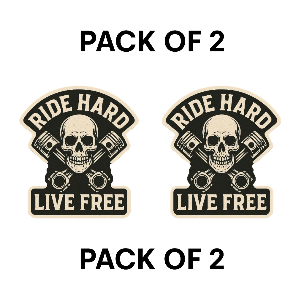 Smeeps Ride Hard Live Free Sticker – 10.16 x 10.16 cm | Skull & Pistons Vinyl Bike Decal (Rugged Beige & Black Theme)