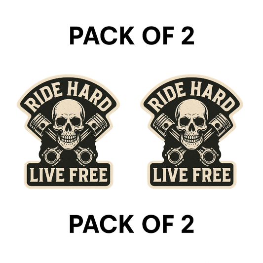 Smeeps Ride Hard Live Free Sticker – 10.16 x 10.16 cm | Skull & Pistons Vinyl Bike Decal (Rugged Beige & Black Theme)