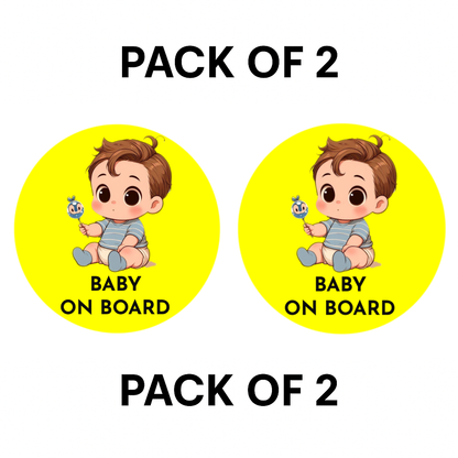 Pack of 2 | Smeeps Baby on Board Sticker – 15.24 cm Round | Cute Cartoon Baby Boy with Toy Design | Yellow & Black Waterproof Car Safety Sign
