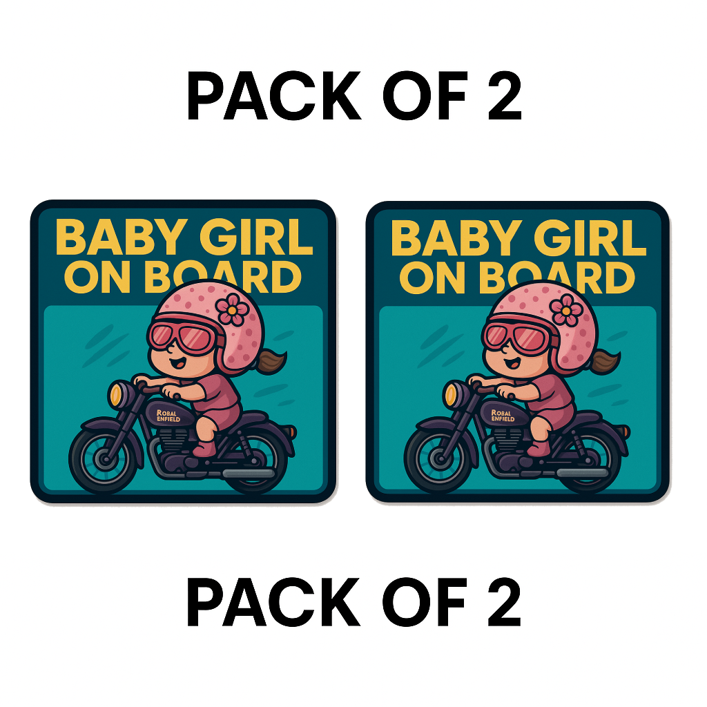 Smeeps Baby Girl On Board Sticker – 14 x 14 cm Cute Bike Rider Design | Royal Enfield Theme | Waterproof & UV-Resistant Vinyl Car Safety Decal