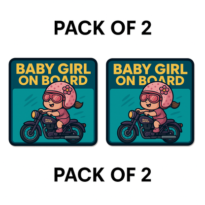 Smeeps Baby Girl On Board Sticker – 14 x 14 cm Cute Bike Rider Design | Royal Enfield Theme | Waterproof & UV-Resistant Vinyl Car Safety Decal