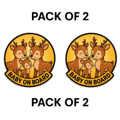 Smeeps “Baby On Board” Cute Deer Family Sticker – 13.97 x 13.97 cm | Round Wildlife Theme Safety Sign for Cars