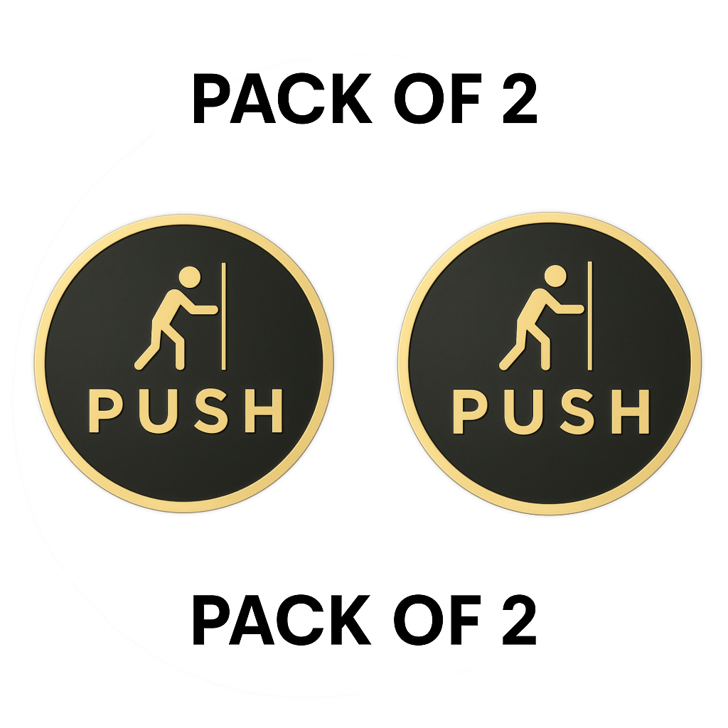 Pack of 2 | Smeeps “PUSH” Door Sign – Round 15.24 cm | Black & Gold Finish | Self-Adhesive | Waterproof & Durable | Ideal for Office, Restaurant, and Retail Entrances