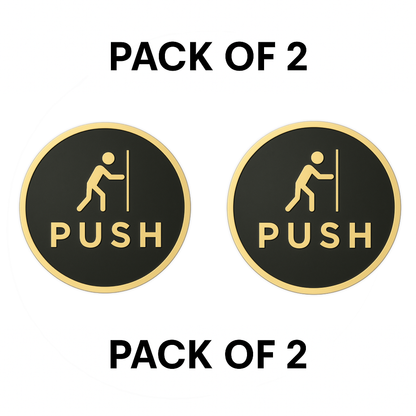 Pack of 2 | Smeeps “PUSH” Door Sign – Round 15.24 cm | Black & Gold Finish | Self-Adhesive | Waterproof & Durable | Ideal for Office, Restaurant, and Retail Entrances