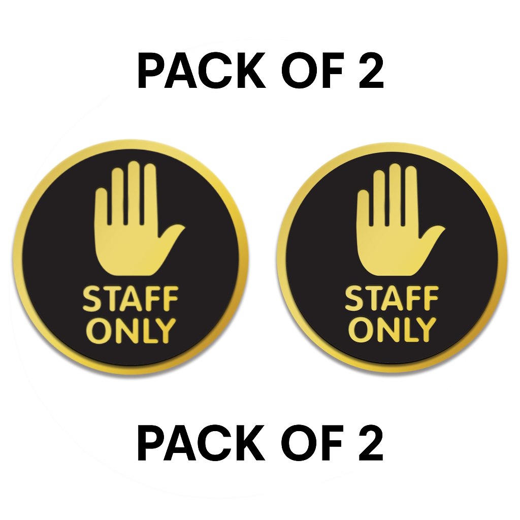 Pack of 2 | Smeeps Round “STAFF ONLY” Sticker Sign – 15.24 cm | Bold Hand Symbol in Gold & Black | Premium Vinyl Door Label for Restricted Office & Commercial Areas