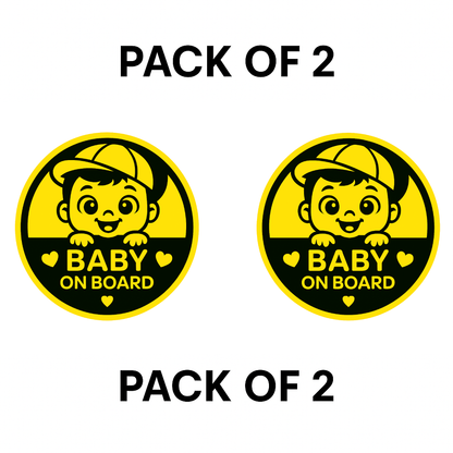 Smeeps Baby On Board Sticker – 14 x 14 cm Cute Baby Boy Round Car Safety Decal | Yellow & Black Heart Theme | Waterproof & UV-Resistant Vinyl