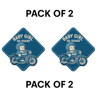 Smeeps Baby Girl On Board Sticker – 14 x 14 cm Enfield Motorcycle Theme Car Safety Decal | Retro Blue Design | Waterproof & UV-Resistant Vinyl