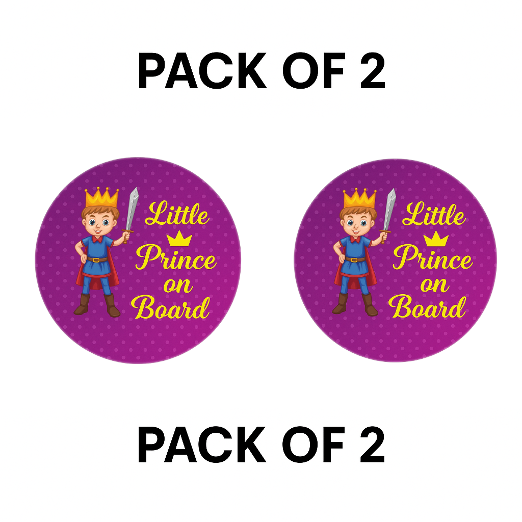 Pack of 2 | Smeeps Little Prince On Board Sticker – 15.24 cm Round | Cute Cartoon Prince with Sword & Crown | Purple Polka Dot Safety Sign for Cars
