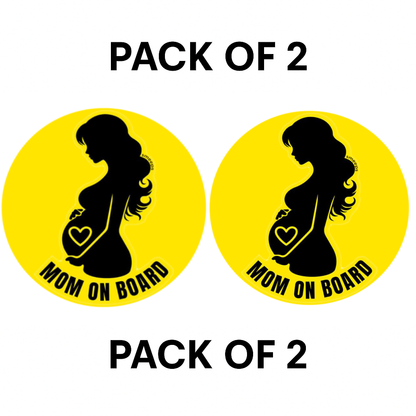 Pack of 2 | Smeeps Mom on Board Sticker – 15.24 cm Round | Bold Silhouette Design with Heart | Yellow & Black Waterproof Car Safety Sign
