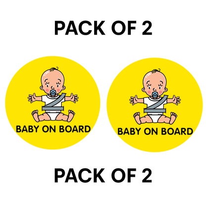 Pack of 2 | Smeeps Baby on Board Sticker – 15.24 cm Round | Cute Pacifier Baby Design | Yellow & Black Waterproof Car Safety Sign