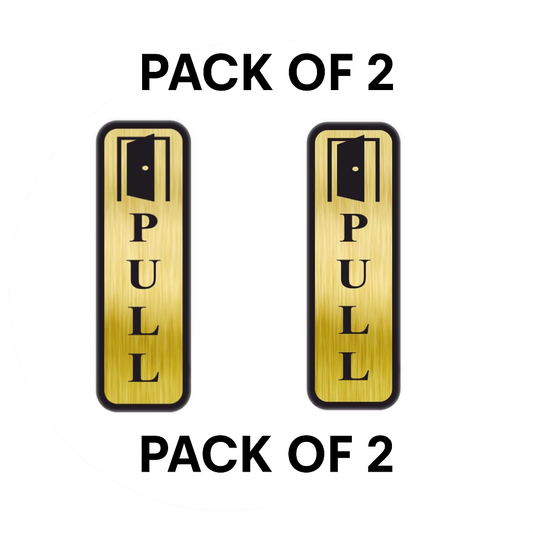 Pack of 2 | Smeeps Vertical “PULL” Door Sign – 19x6 cm | Elegant Gold Finish with Black Text & Door Icon | Adhesive Sticker for Glass, Metal & Wood Surfaces | Perfect for Office, Shops & Hotels