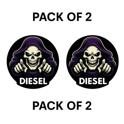 Smeeps Grim Reaper Diesel Sticker – 7.8 x 7.8 cm Bold Skull Hooded Figure Design | Round Waterproof Vinyl Decal for Cars Only