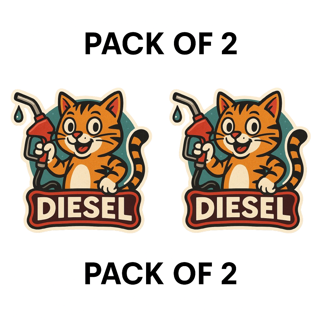 Smeeps Diesel Fuel Sticker – 10 x 10 cm Cute Orange Cat Holding Pump | Retro Style Car Fuel Reminder | Waterproof & Weatherproof Vinyl