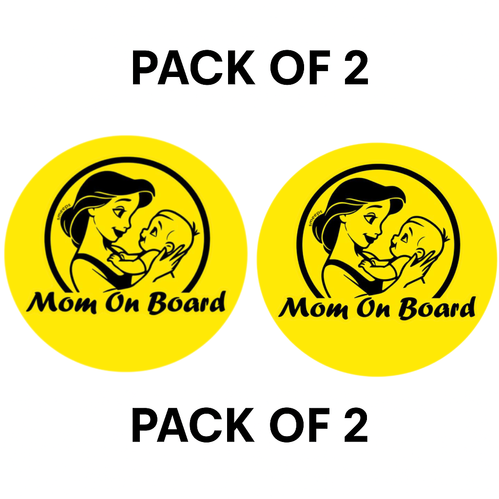 Pack of 2 | Smeeps Mom on Board Sticker – 15.24 cm Round | Loving Mom & Baby Design | Yellow & Black Waterproof Car Safety Sign