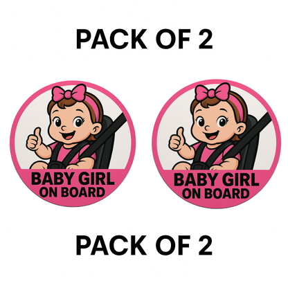 Smeeps “Baby Girl On Board” Car Sticker – Pink Edition – 13.97 x 13.97 cm | Round Safety Sign with Cute Cartoon in Car Seat