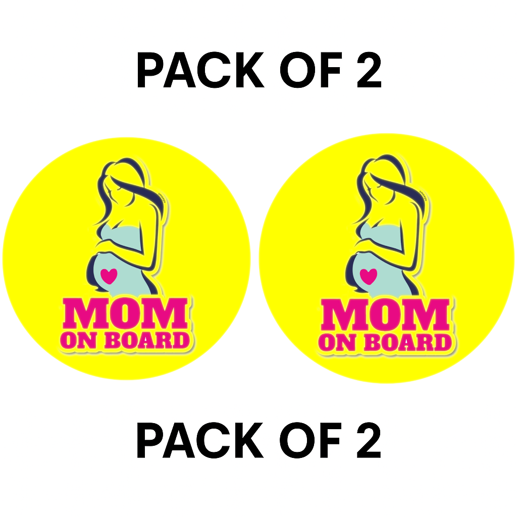 Pack of 2 | Smeeps Mom on Board Sticker – 15.24 cm Round | Stylish Pregnant Mom Design | Bright Yellow Waterproof Car Safety Sign
