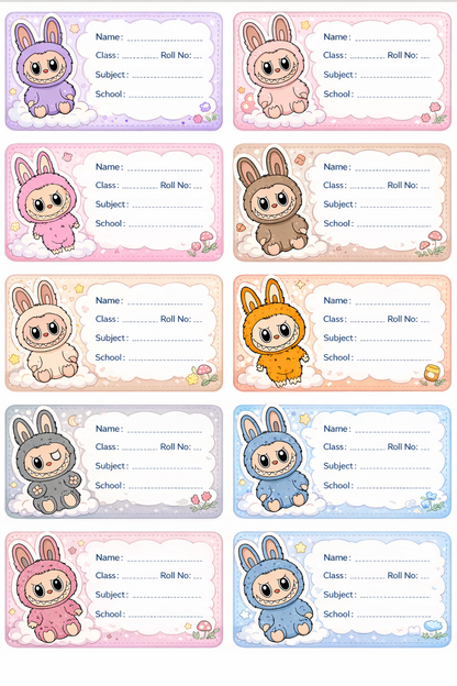 Smeeps Cute Bunny School Name Labels Sticker – 7.62 × 5.08 cm (3 × 2 Inch) Personalized Writable Notebook Labels for Kids | Cartoon Bunny School Stickers Pack of 10
