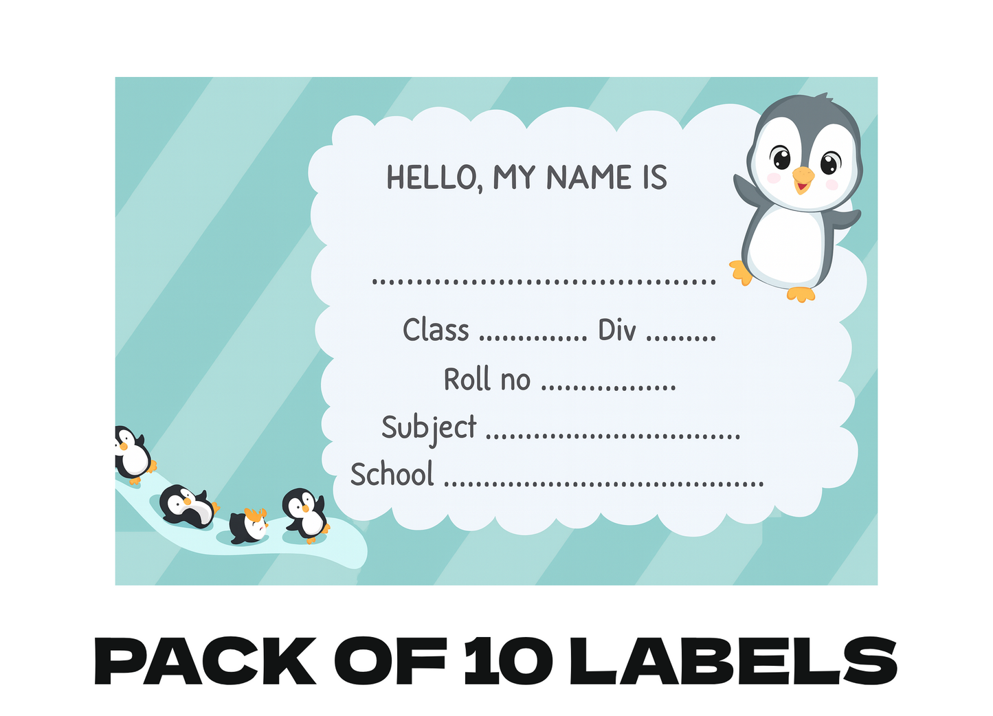 Smeeps Penguin School Label Sticker – 3.5 x 2 Inches Name Tag for Books & Notebooks | Pack of 10 | Waterproof & Writable Label Sticker