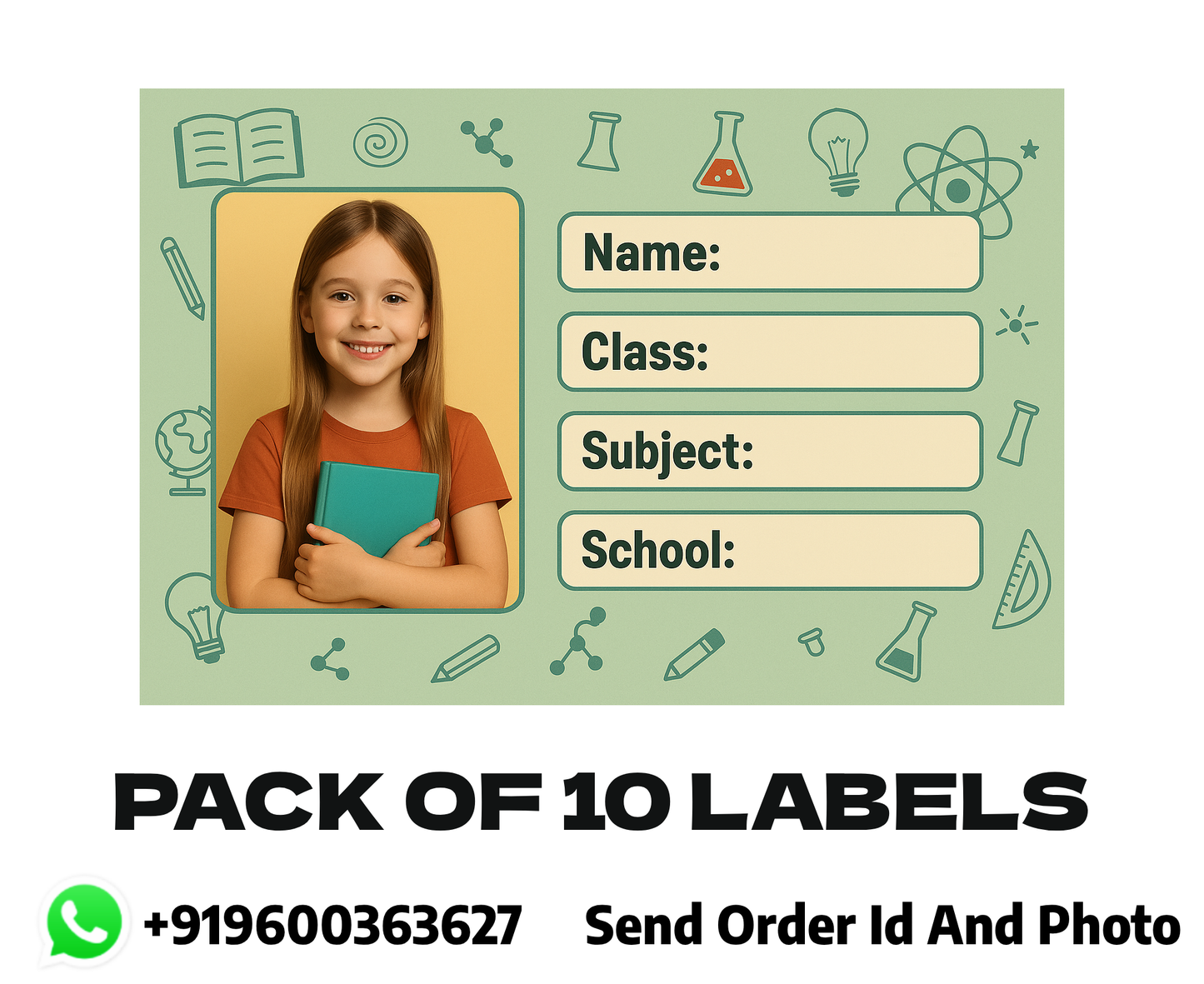 Smeeps Personalized Student Photo Label Sticker – Pack of 10 | 3.5 x 2 Inch School Notebook Name Labels | Custom Photo, Name, Class & Subject
