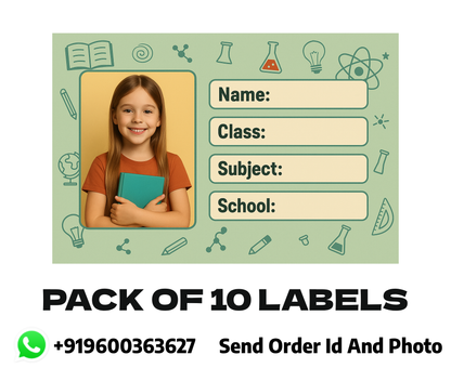 Smeeps Personalized Student Photo Label Sticker – Pack of 10 | 3.5 x 2 Inch School Notebook Name Labels | Custom Photo, Name, Class & Subject
