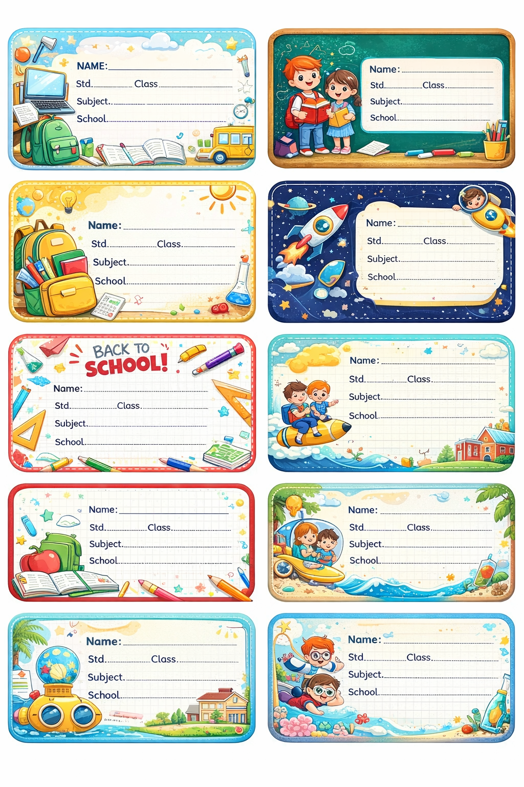 Smeeps School Supplies Theme Name Labels Sticker – 7.62 × 5.08 cm (3 × 2 Inch) Personalized Writable Notebook Labels for Students | Cute Study Essentials Design Pack of 10