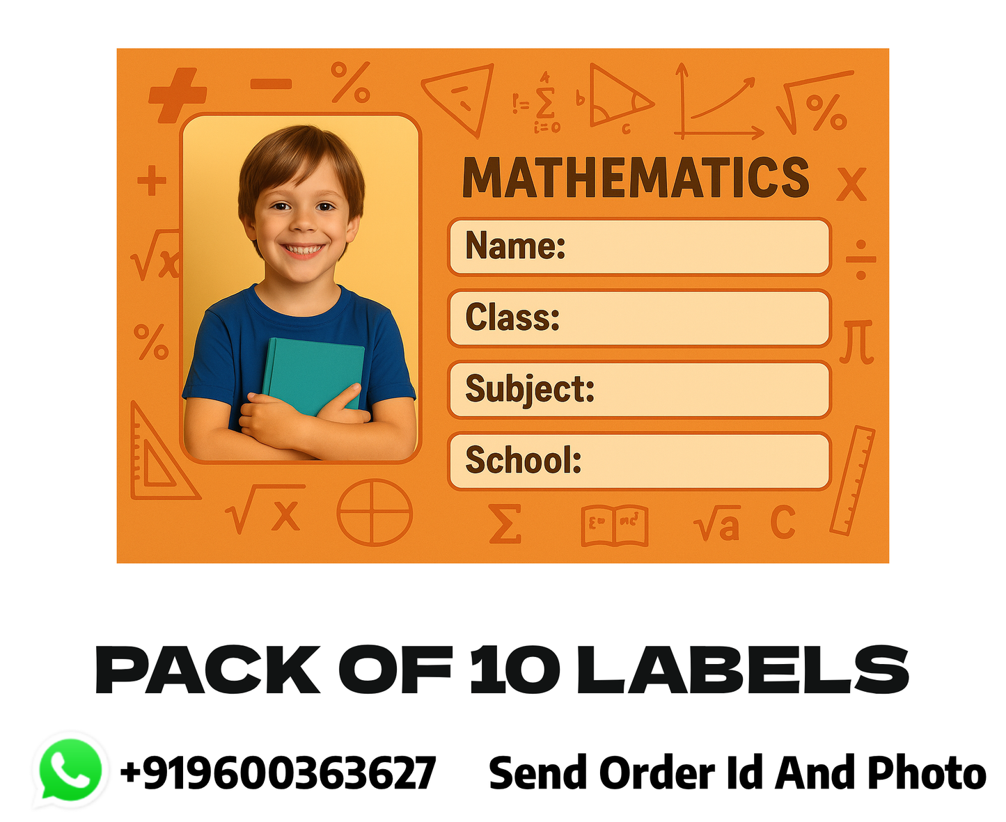 Smeeps Personalized Mathematics School Book Label – Custom Photo Name Sticker for Kids | 3.5 x 2 Inch Notebook Labels | Pack of 10