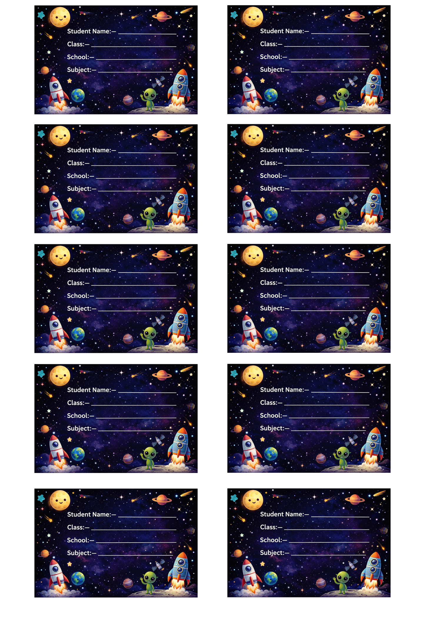 Smeeps Space Galaxy School Name Labels Sticker – 7.62 × 5.08 cm (3 × 2 Inch) Personalized Writable Notebook Labels for Kids | Rocket & Alien Theme Sticker Pack of 10