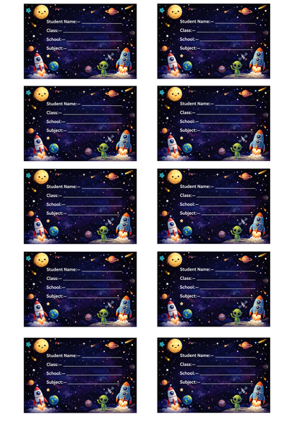 Smeeps Space Galaxy School Name Labels Sticker – 7.62 × 5.08 cm (3 × 2 Inch) Personalized Writable Notebook Labels for Kids | Rocket & Alien Theme Sticker Pack of 10