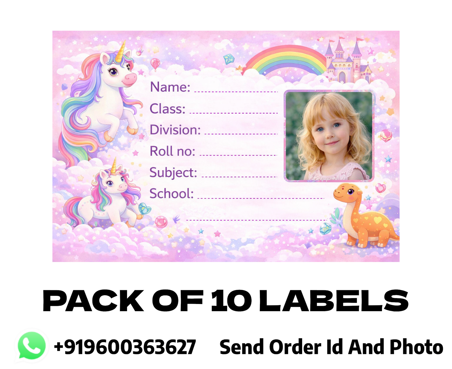 Smeeps Personalized Unicorn Fantasy School Label Stickers – Pack of 10 | 3 x 2 Inch Custom Name Labels with Photo | Pastel Rainbow Unicorn & Castle Theme | Waterproof Premium Finish