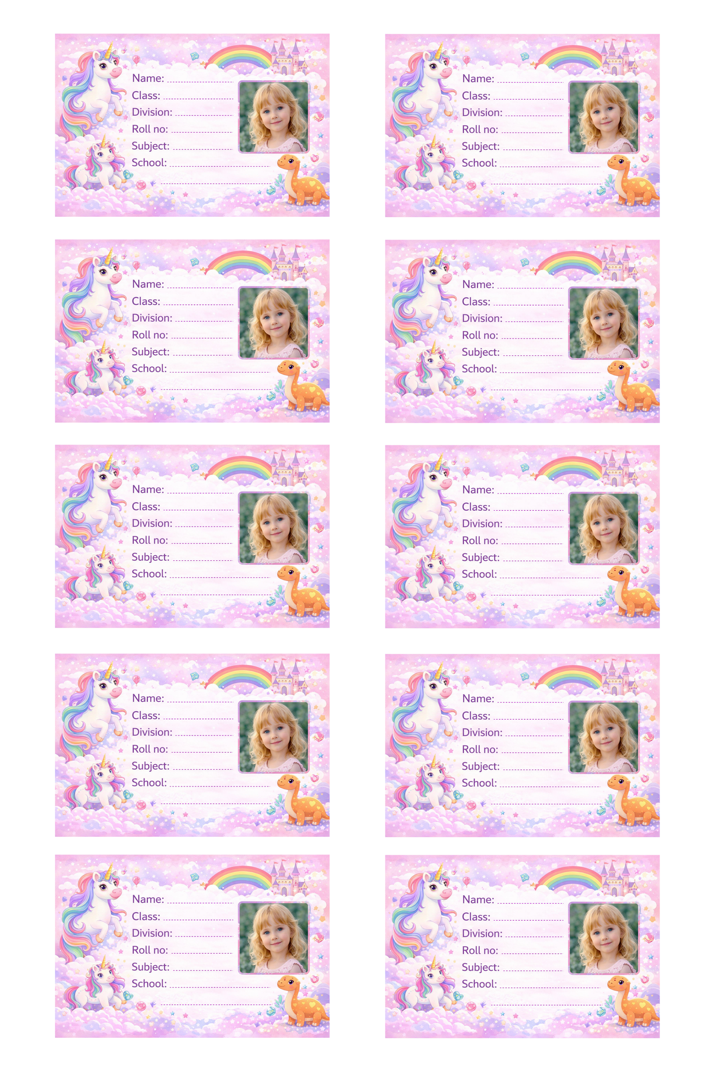 Smeeps Personalized Unicorn Fantasy School Label Stickers – Pack of 10 | 3 x 2 Inch Custom Name Labels with Photo | Pastel Rainbow Unicorn & Castle Theme | Waterproof Premium Finish