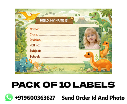 Smeeps Personalized Dinosaur School Label Stickers – Pack of 10 | 3 x 2 Inch Custom Name Labels with Photo | Cute Dino Jungle Theme | Waterproof Premium Finish