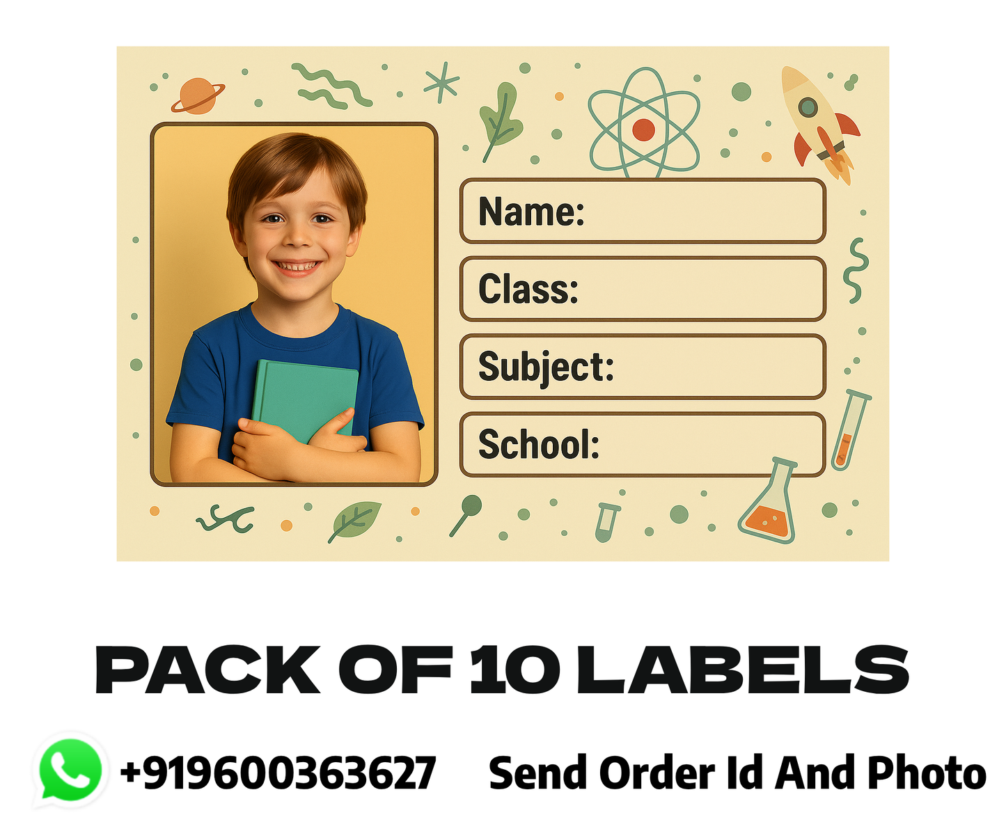 Smeeps Personalized Science School Book Label – Custom Photo Name Sticker for Kids | 3.5 x 2 Inch Notebook Labels | Pack of 10