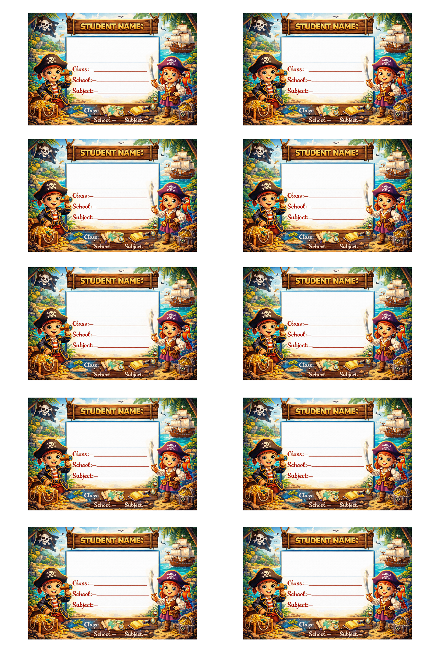 Smeeps Pirate Adventure School Name Labels Sticker – 7.62 × 5.08 cm (3 × 2 Inch) Personalized Writable Notebook Labels for Kids | Treasure Hunt Pirate Theme Sticker Pack of 10
