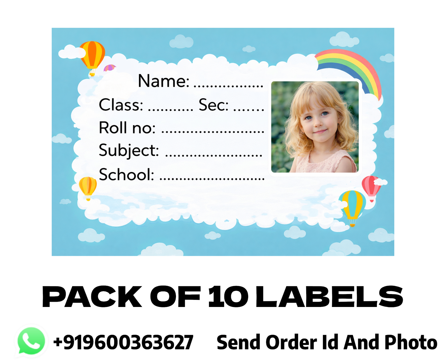 Smeeps Personalized Sky Theme School Label Stickers – Pack of 10 | 3 x 2 Inch Custom Name Labels with Photo | Cloud, Rainbow & Hot Air Balloon Design | Waterproof Premium Finish