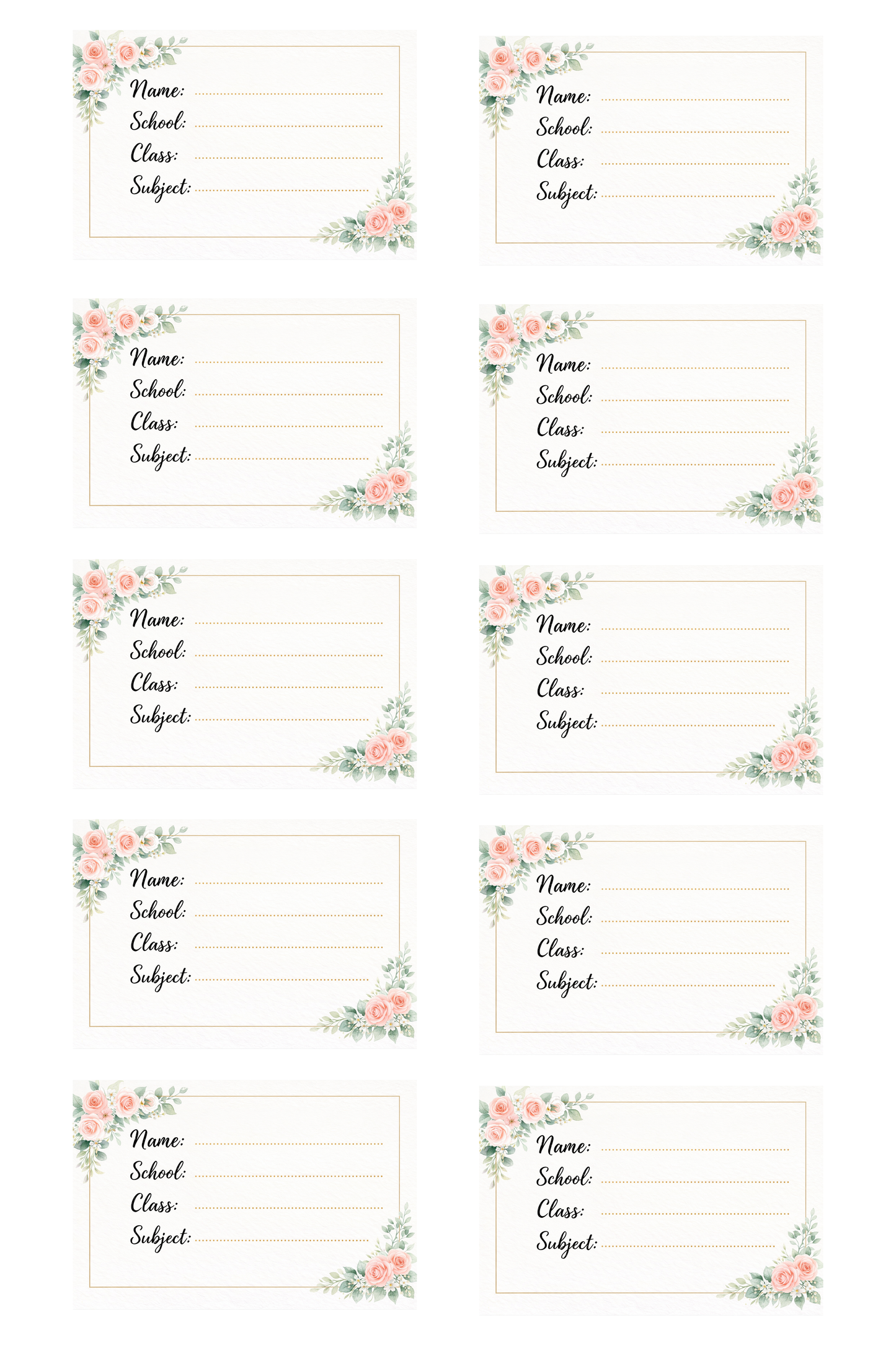 Smeeps Elegant Floral School Name Labels Sticker – 7.62 × 5.08 cm (3 × 2 Inch) Personalized Writable Notebook Labels for Students | Premium Rose Theme Sticker Pack of 10